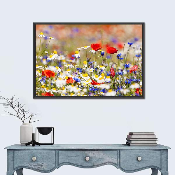 Wild Flowers on the Meadow at Spring Time Canvas Wall Art in white, green and multicolor, framed canvas, product view on a white background