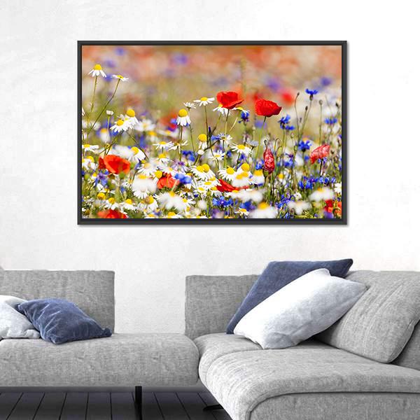 Wild Flowers On The Meadow At Spring Time Canvas Wall Art-3 Horizontal-Gallery Wrap-25" x 16"-Tiaracle