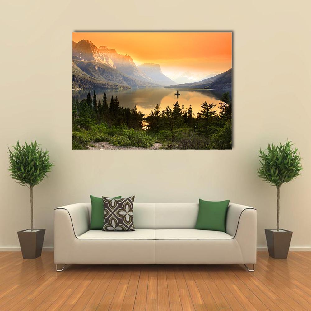 Wild Goose Island, Glacier National Park Canvas Wall Art in orange, yellow and green, single panel hung on a wall
