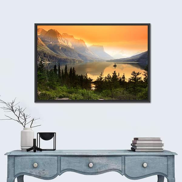 Wild Goose Island On Saint Mary Lake Canvas Wall Art-1 Piece-Floating Frame-24" x 16"-Tiaracle