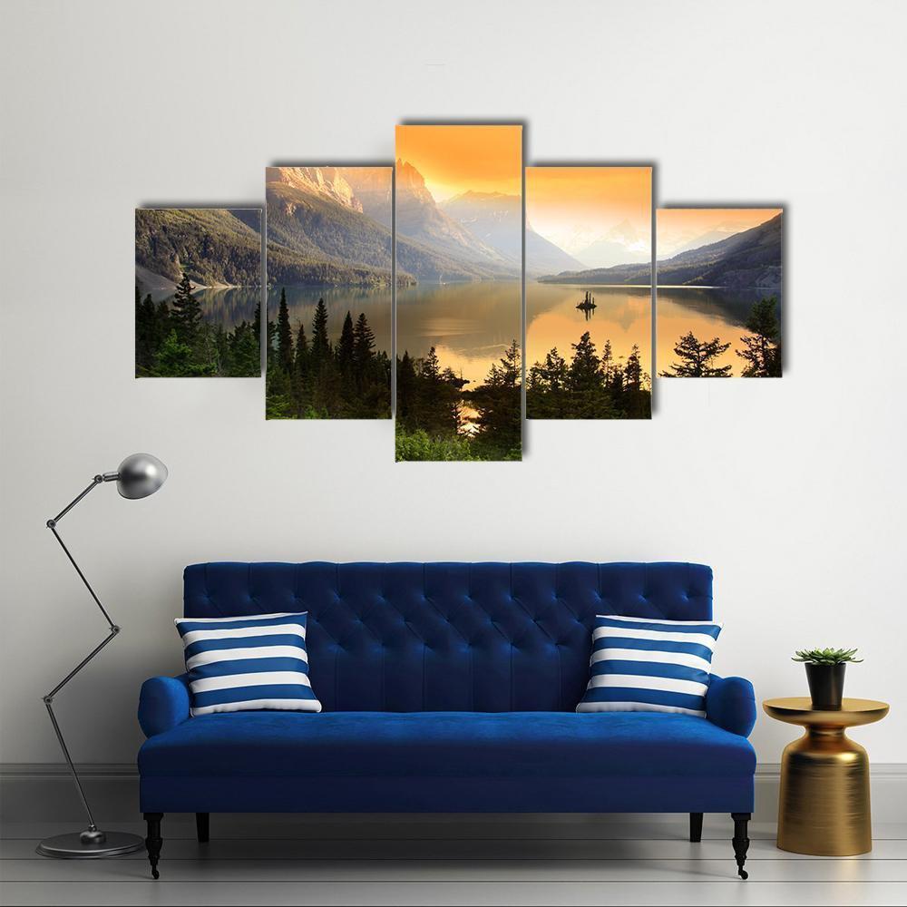 Wild Goose Island On Saint Mary Lake Canvas Wall Art-5 Star-Gallery Wrap-62" x 32"-Tiaracle