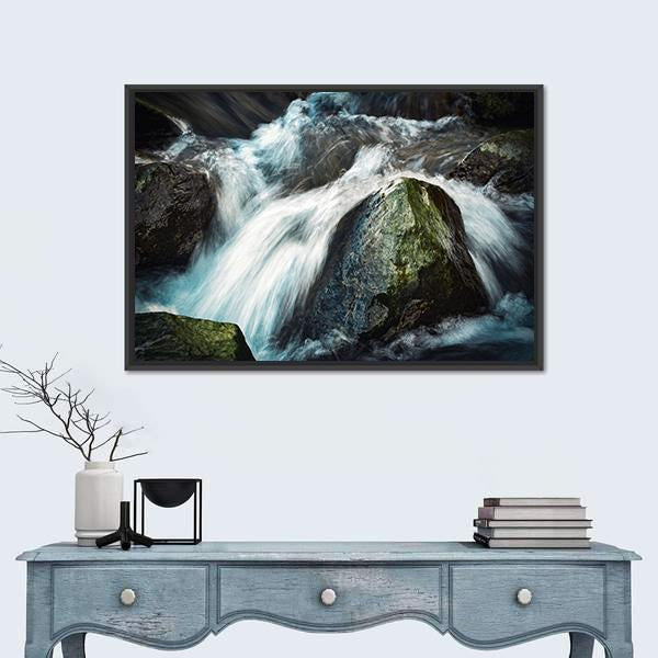 Wild River Between Stones Canvas Wall Art-1 Piece-Floating Frame-24" x 16"-Tiaracle