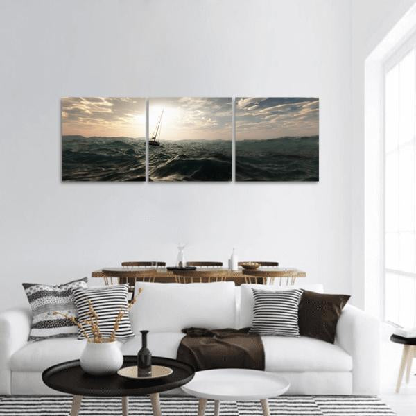 Sailing Boat In Storm Panoramic Canvas Wall Art-3 Piece-25" x 08"-Tiaracle