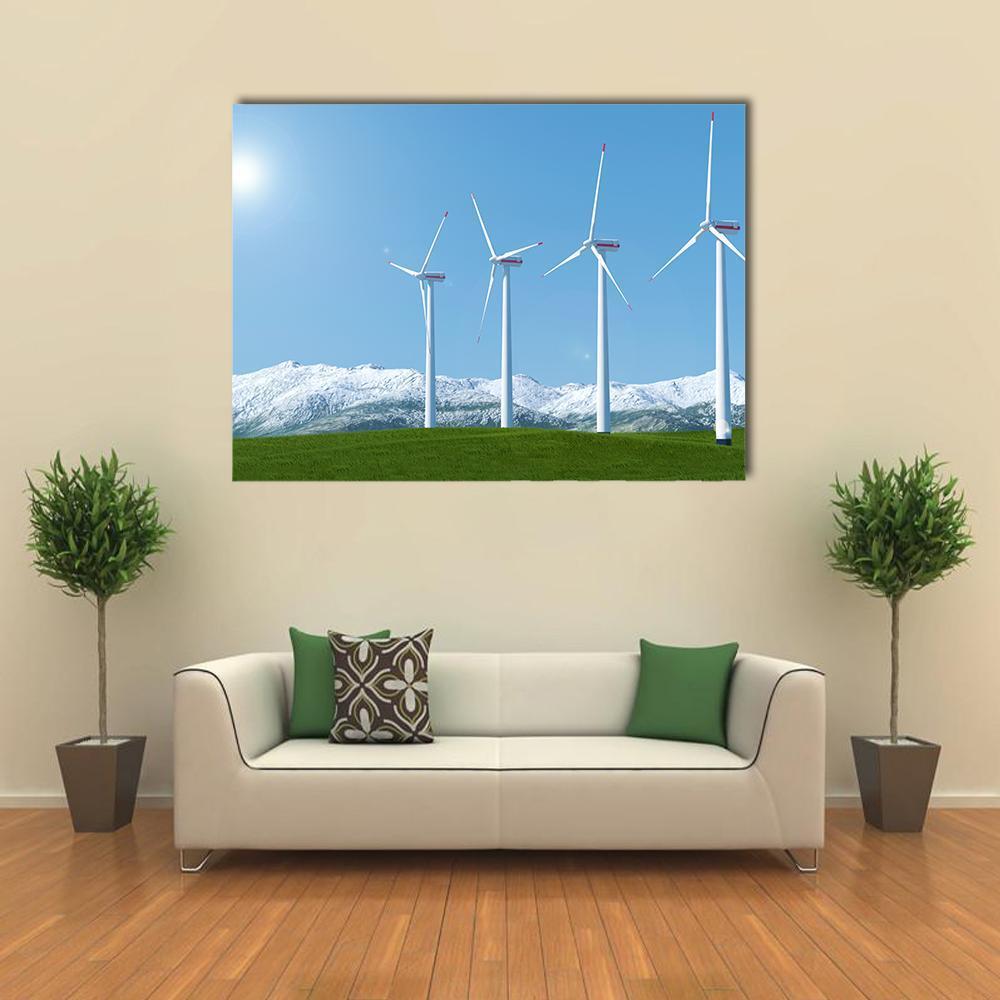 Wind Turbines with Red Tips Over Green Field Canvas Wall Art in white, green and blue, single panel hung on a wall