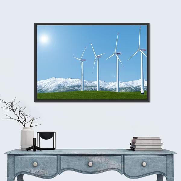 Wind Turbines On Green Grass Field Canvas Wall Art-1 Piece-Floating Frame-24" x 16"-Tiaracle