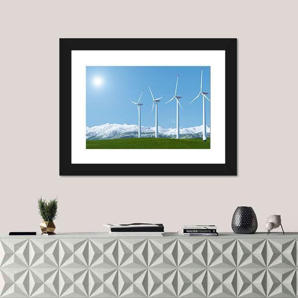 Wind Turbines On Green Grass Field Canvas Wall Art-1 Piece-Framed Print-20" x 16"-Tiaracle