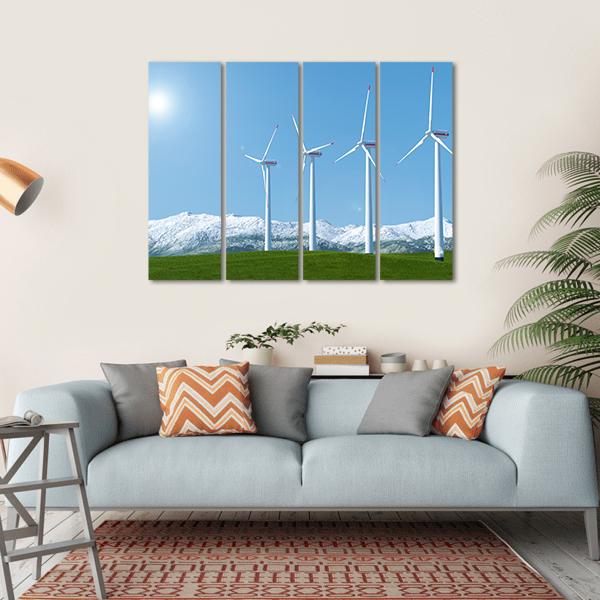 Wind Turbines On Green Grass Field Canvas Wall Art-4 Horizontal-Gallery Wrap-34" x 24"-Tiaracle