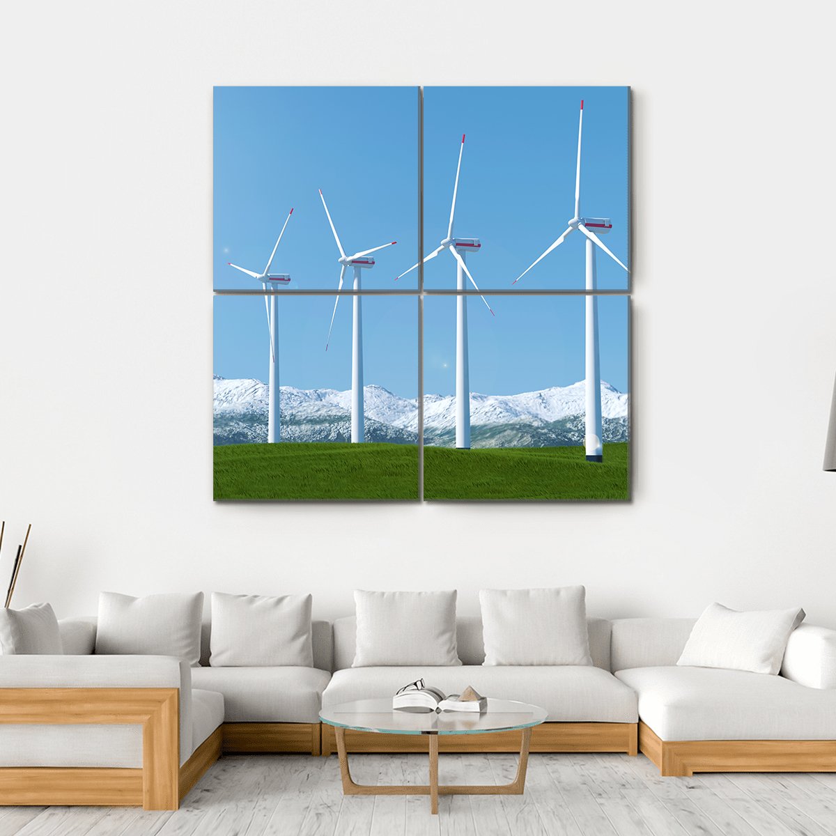 Wind Turbines On Green Grass Field Canvas Wall Art-4 Square-Gallery Wrap-17" x 17"-Tiaracle