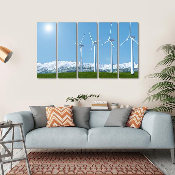 Wind Turbines On Green Grass Field Canvas Wall Art-5 Horizontal-Gallery Wrap-22" x 12"-Tiaracle