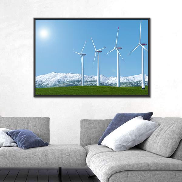 Wind Turbines On Green Grass Field Canvas Wall Art-5 Horizontal-Gallery Wrap-22" x 12"-Tiaracle