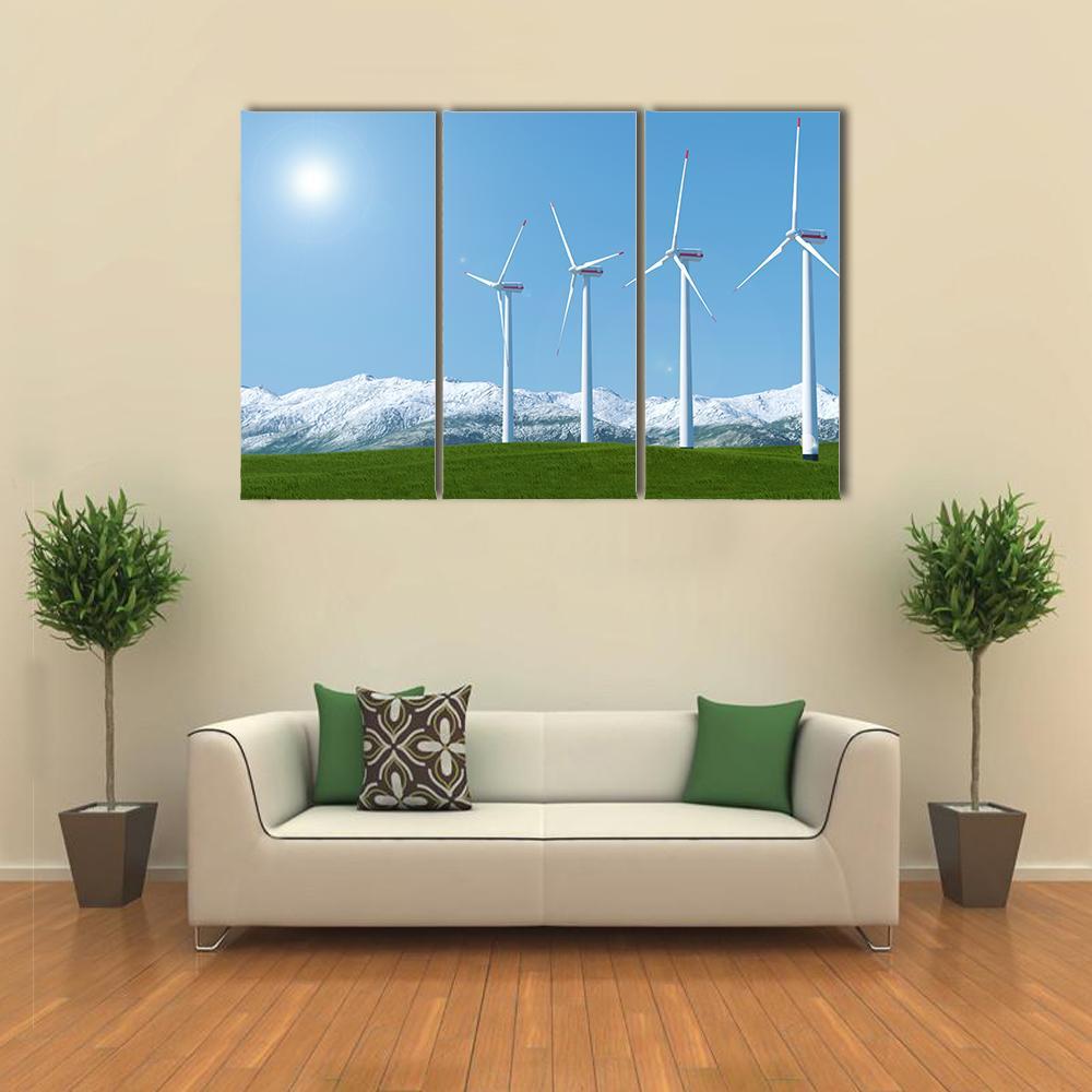 Wind Turbines On Green Grass Field Canvas Wall Art-3 Horizontal-Gallery Wrap-37" x 24"-Tiaracle
