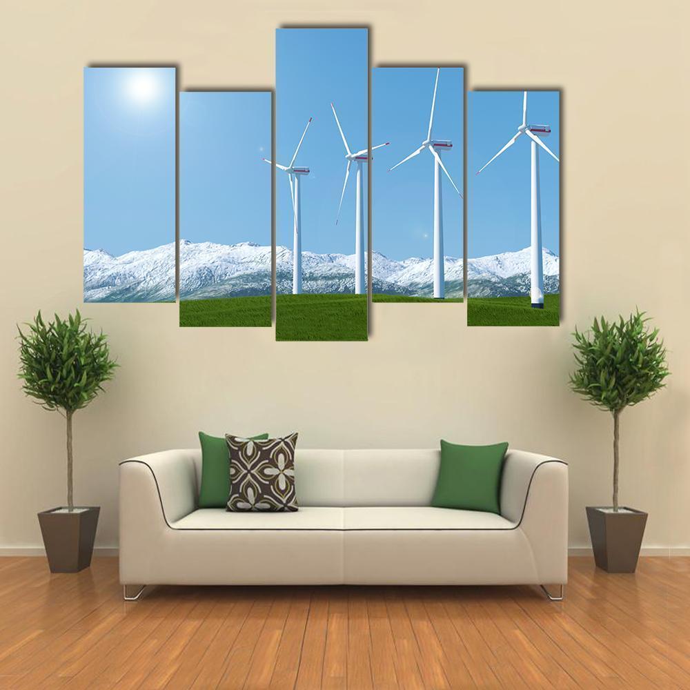 Wind Turbines On Green Grass Field Canvas Wall Art-5 Pop-Gallery Wrap-47" x 32"-Tiaracle