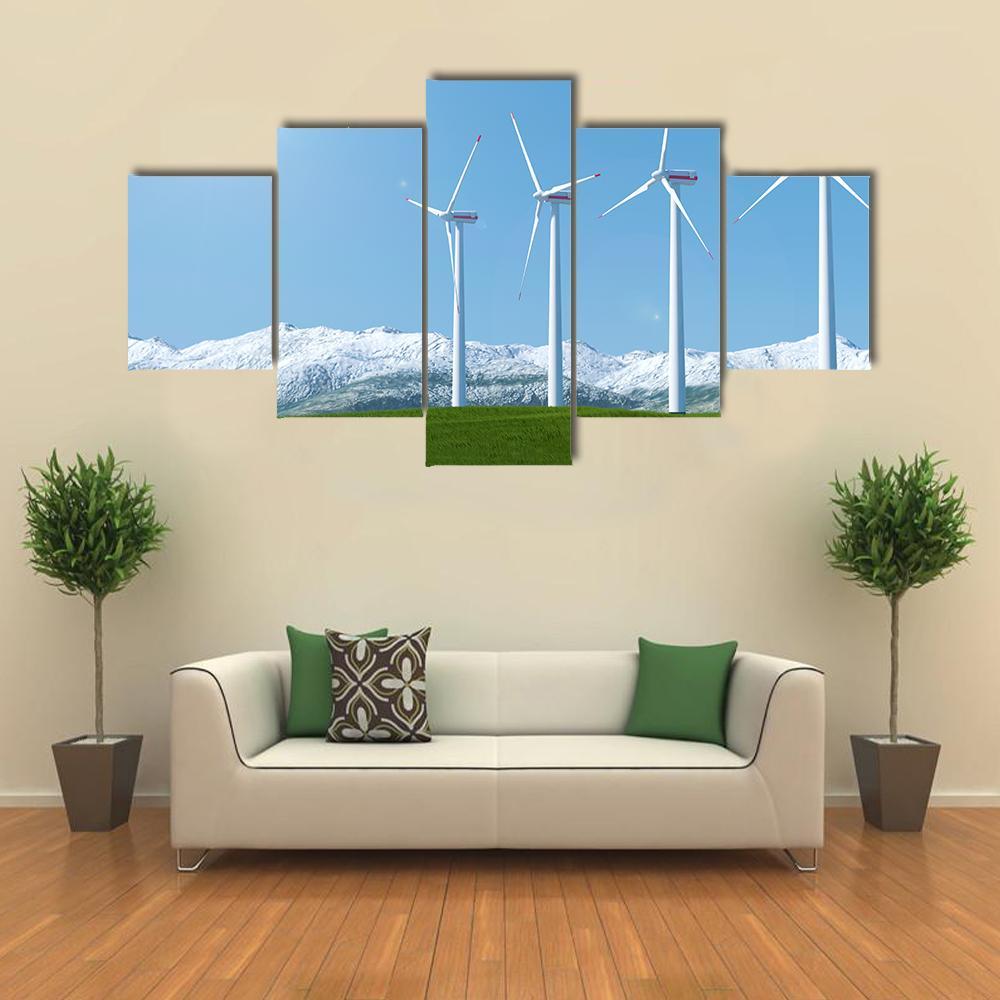 Wind Turbines On Green Grass Field Canvas Wall Art-5 Star-Gallery Wrap-62" x 32"-Tiaracle