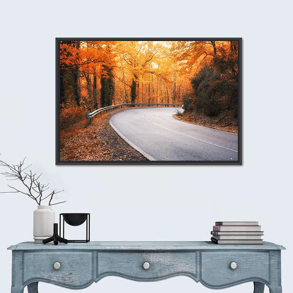 Winding Asphalt Road Curves Through Autumn Trees Canvas Wall Art-1 Piece-Floating Frame-24" x 16"-Tiaracle