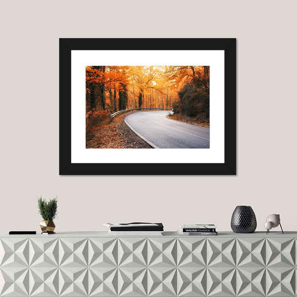 Winding Asphalt Road Curves Through Autumn Trees Canvas Wall Art-1 Piece-Framed Print-20" x 16"-Tiaracle