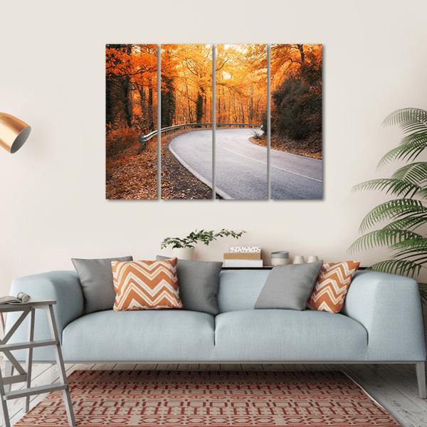 Winding Asphalt Road Curves Through Autumn Trees Canvas Wall Art-4 Horizontal-Gallery Wrap-34" x 24"-Tiaracle