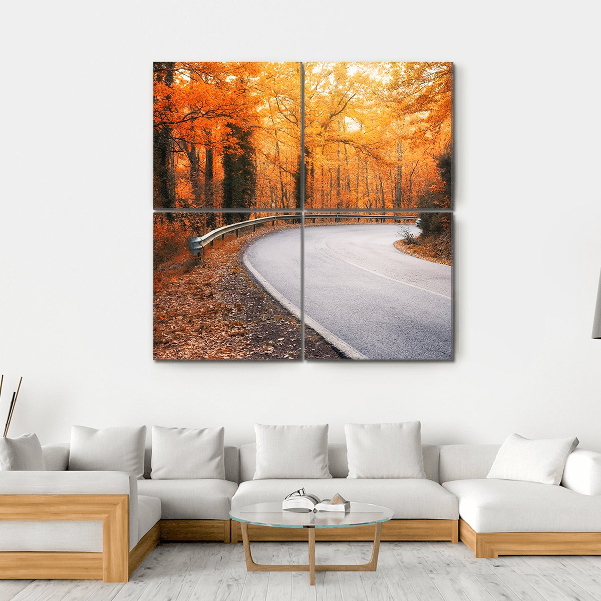 Winding Asphalt Road Curves Through Autumn Trees Canvas Wall Art-4 Square-Gallery Wrap-17" x 17"-Tiaracle