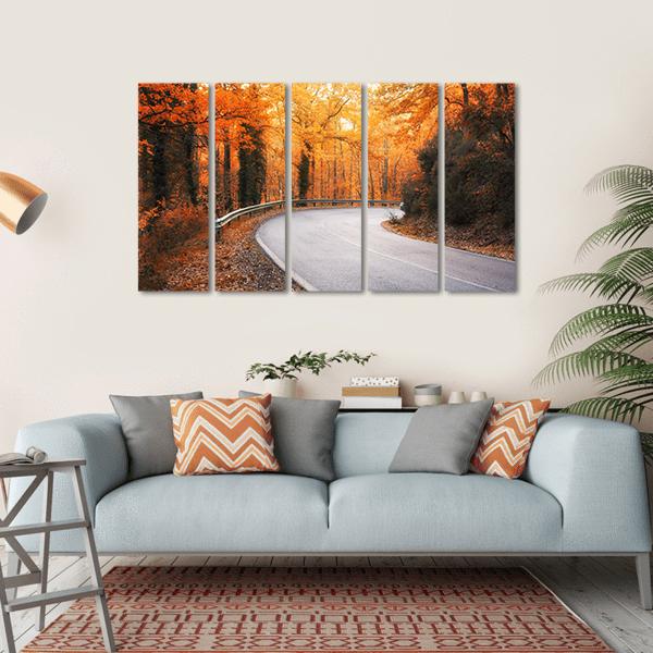 Winding Asphalt Road Curves Through Autumn Trees Canvas Wall Art-5 Horizontal-Gallery Wrap-22" x 12"-Tiaracle