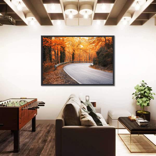 Winding Asphalt Road Curves Through Autumn Trees Canvas Wall Art-3 Horizontal-Gallery Wrap-25" x 16"-Tiaracle