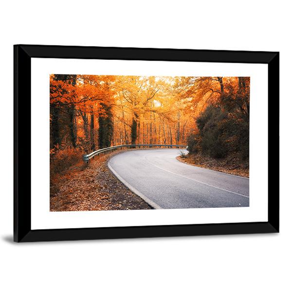 Winding Asphalt Road Curves Through Autumn Trees Canvas Wall Art-3 Horizontal-Gallery Wrap-25" x 16"-Tiaracle