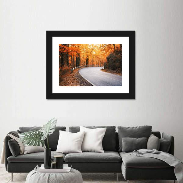 Winding Asphalt Road Curves Through Autumn Trees Canvas Wall Art-3 Horizontal-Gallery Wrap-25" x 16"-Tiaracle