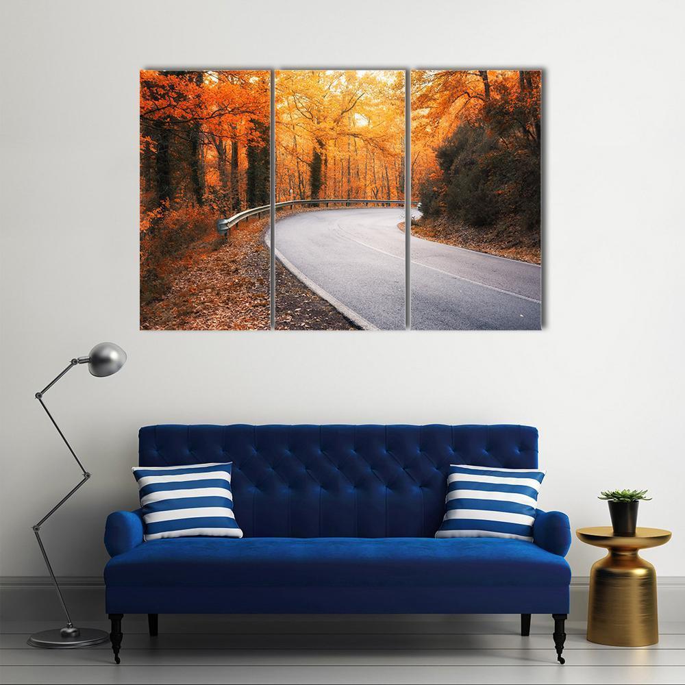 Winding Asphalt Road Curves Through Autumn Trees Canvas Wall Art-3 Horizontal-Gallery Wrap-37" x 24"-Tiaracle