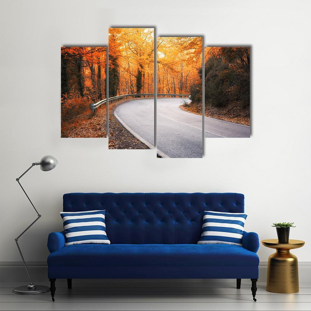 Winding Asphalt Road Curves Through Autumn Trees Canvas Wall Art-4 Pop-Gallery Wrap-50" x 32"-Tiaracle