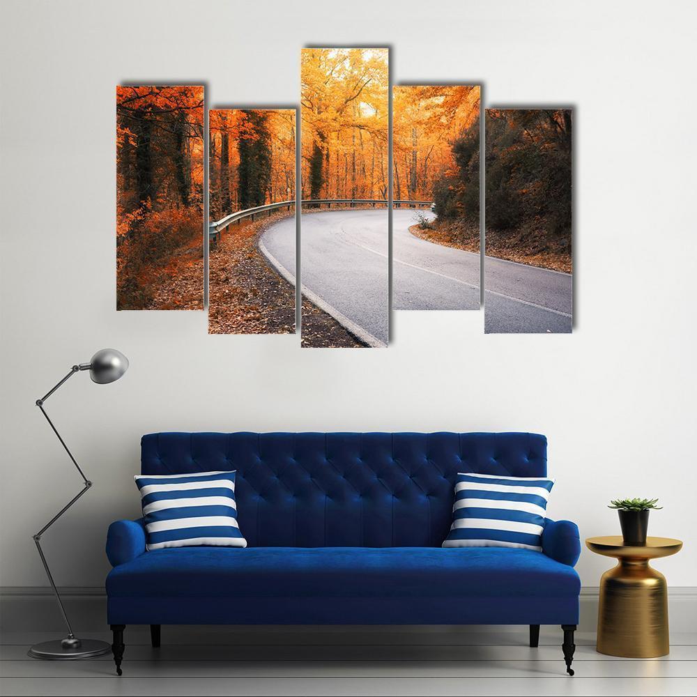 Winding Asphalt Road Curves Through Autumn Trees Canvas Wall Art-1 Piece-Gallery Wrap-48" x 32"-Tiaracle