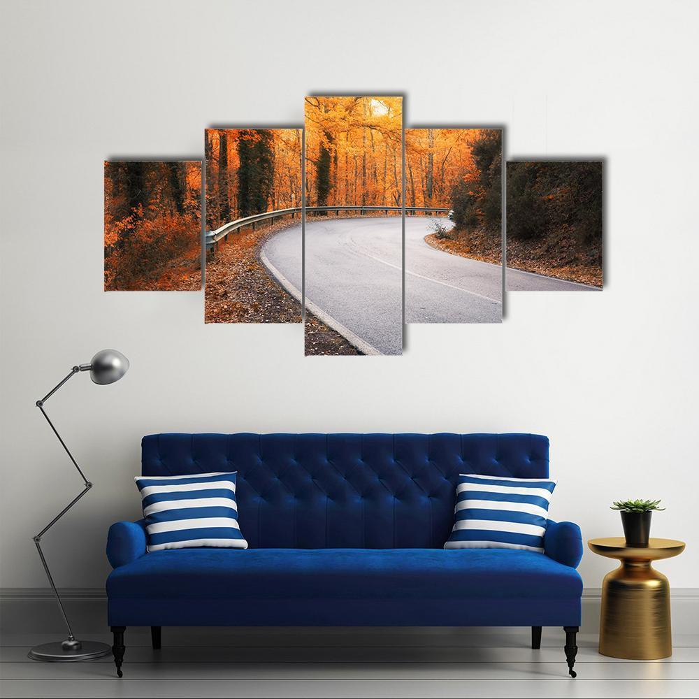 Winding Asphalt Road Curves Through Autumn Trees Canvas Wall Art-5 Star-Gallery Wrap-62" x 32"-Tiaracle