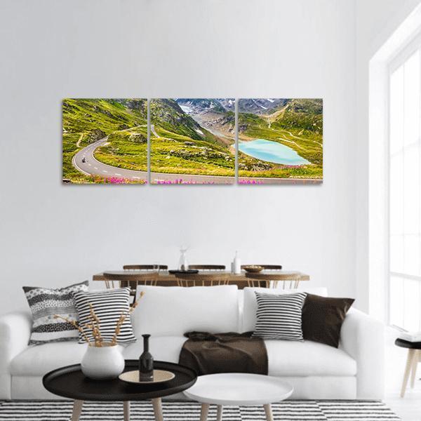 Winding Mountain Pass Road In Italian Alps Panoramic Canvas Wall Art-3 Piece-25" x 08"-Tiaracle
