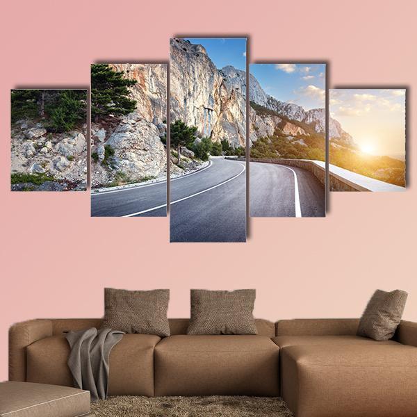 Winding Mountain Road At Sunset Canvas Wall Art-5 Star-Gallery Wrap-62" x 32"-Tiaracle