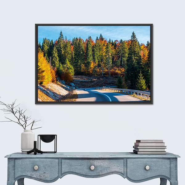 Winding Mountain Road In Autumn Forest Canvas Wall Art-1 Piece-Floating Frame-24" x 16"-Tiaracle