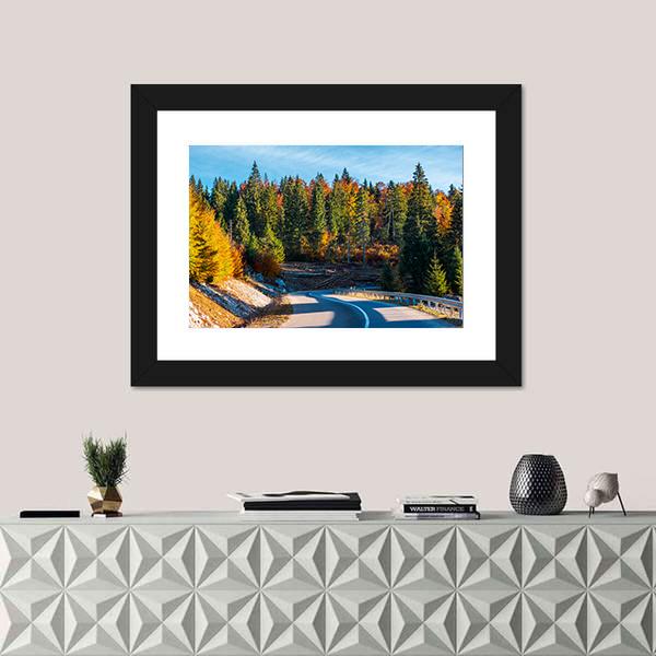 Winding Mountain Road In Autumn Forest Canvas Wall Art-1 Piece-Framed Print-20" x 16"-Tiaracle
