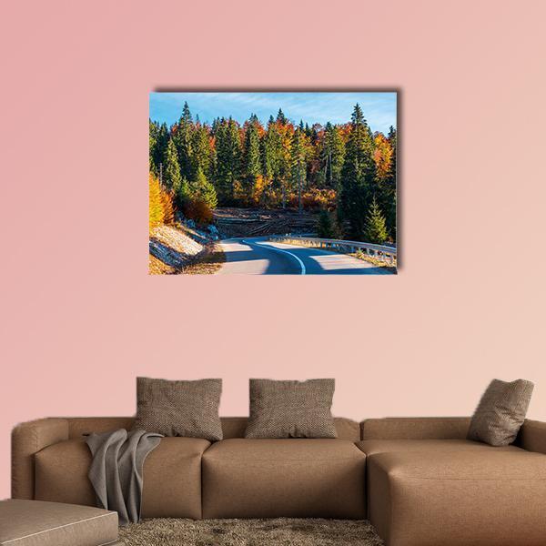 Winding Mountain Road In Autumn Forest Canvas Wall Art-1 Piece-Gallery Wrap-48" x 32"-Tiaracle