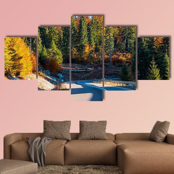 Winding Mountain Road In Autumn Forest Canvas Wall Art-5 Star-Gallery Wrap-62" x 32"-Tiaracle