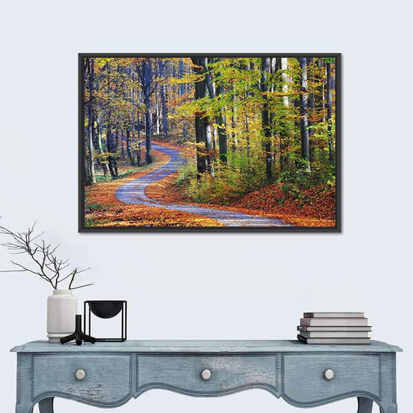 Winding Path Through Autumn Forest Canvas Wall Art-1 Piece-Floating Frame-36" x 24"-Tiaracle