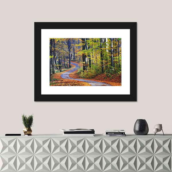 Winding Path Through Autumn Forest Canvas Wall Art-1 Piece-Framed Print-30" x 20"-Tiaracle