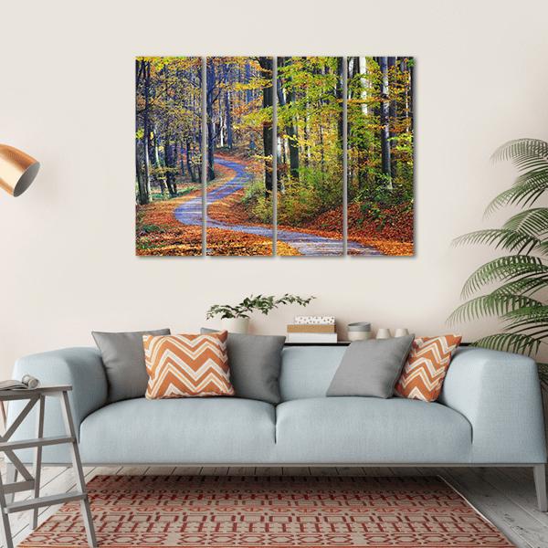 Winding Path Through Autumn Forest Canvas Wall Art-4 Horizontal-Gallery Wrap-34" x 24"-Tiaracle