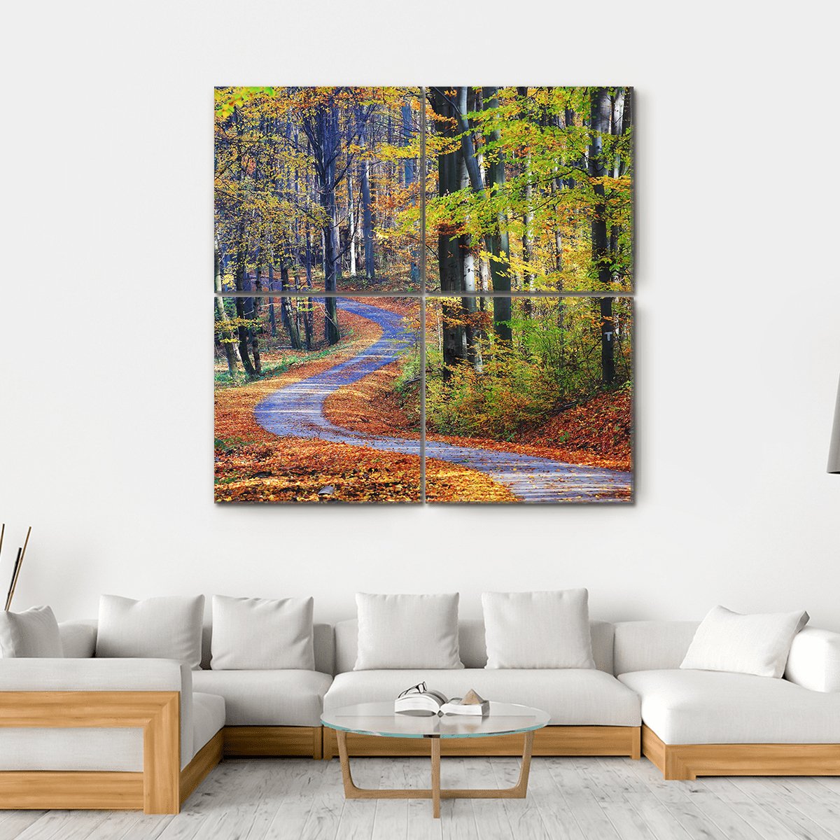 Winding Path Through Autumn Forest Canvas Wall Art-4 Square-Gallery Wrap-17" x 17"-Tiaracle
