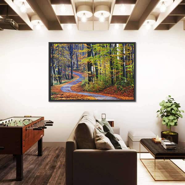 Winding Path Through Autumn Forest Canvas Wall Art-3 Horizontal-Gallery Wrap-25" x 16"-Tiaracle