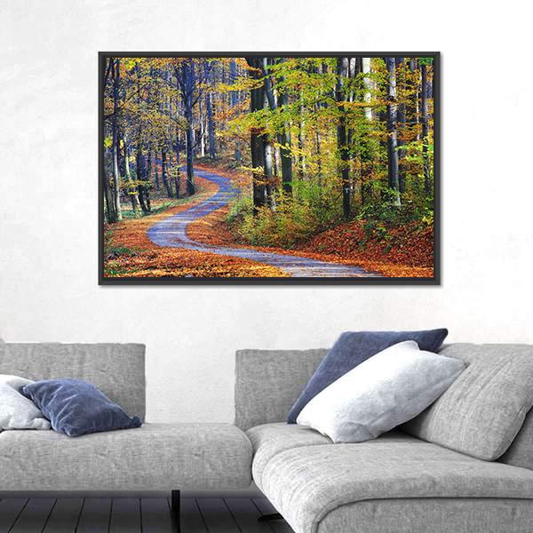 Winding Path Through Autumn Forest Canvas Wall Art-3 Horizontal-Gallery Wrap-25" x 16"-Tiaracle