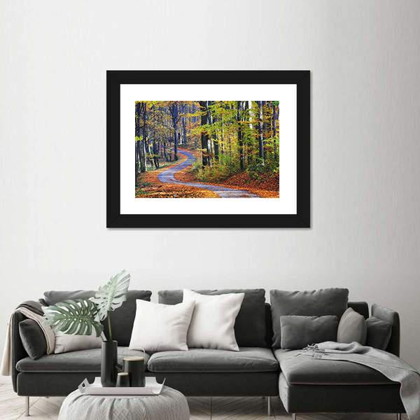 Winding Path Through Autumn Forest Canvas Wall Art-3 Horizontal-Gallery Wrap-25" x 16"-Tiaracle
