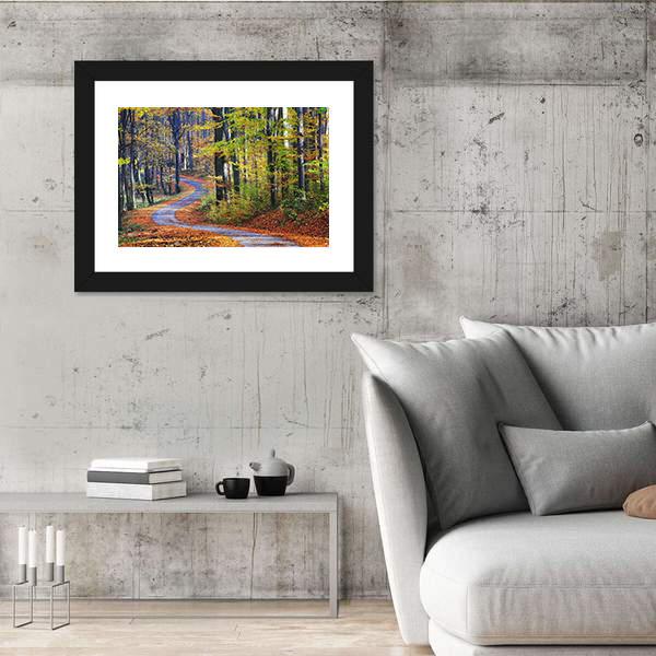 Winding Path Through Autumn Forest Canvas Wall Art-3 Horizontal-Gallery Wrap-25" x 16"-Tiaracle