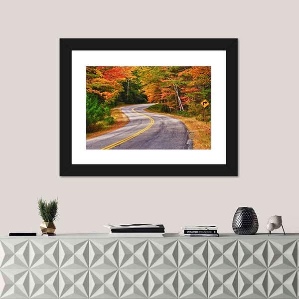 Winding Road Curves Through Autumn Trees Canvas Wall Art-1 Piece-Framed Print-20" x 16"-Tiaracle