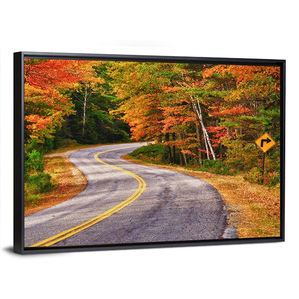 Winding Road Curves Through Autumn Trees Canvas Wall Art-3 Horizontal-Gallery Wrap-25" x 16"-Tiaracle