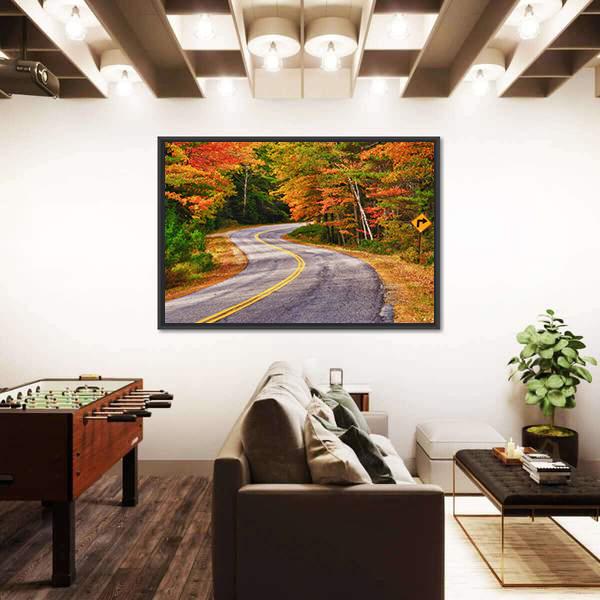 Winding Road Curves Through Autumn Trees Canvas Wall Art-3 Horizontal-Gallery Wrap-25" x 16"-Tiaracle
