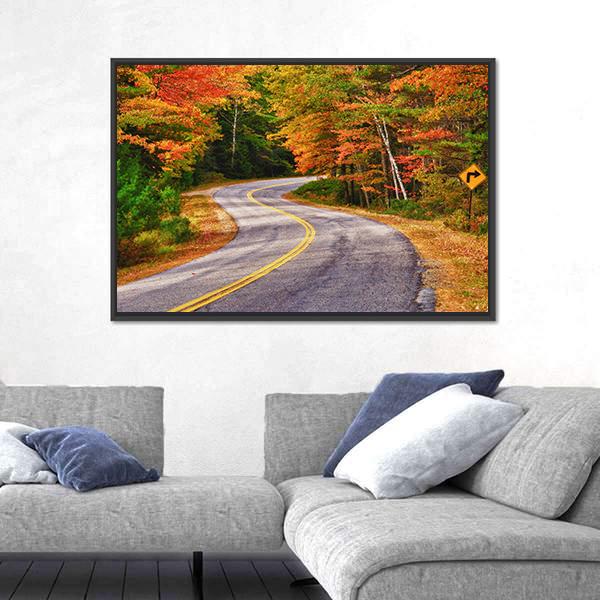 Winding Road Curves Through Autumn Trees Canvas Wall Art-3 Horizontal-Gallery Wrap-25" x 16"-Tiaracle