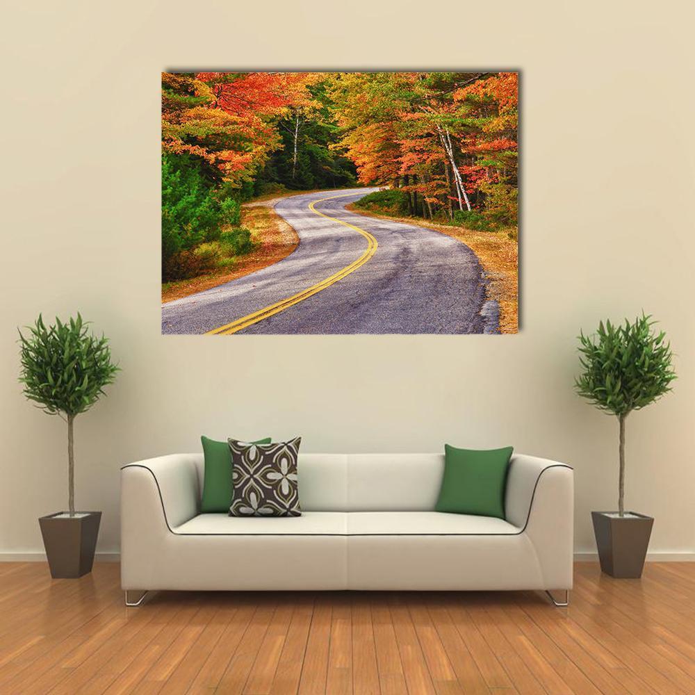 Winding Road Through Autumn Trees Canvas Wall Art in gray, orange and green, single panel hung on a wall