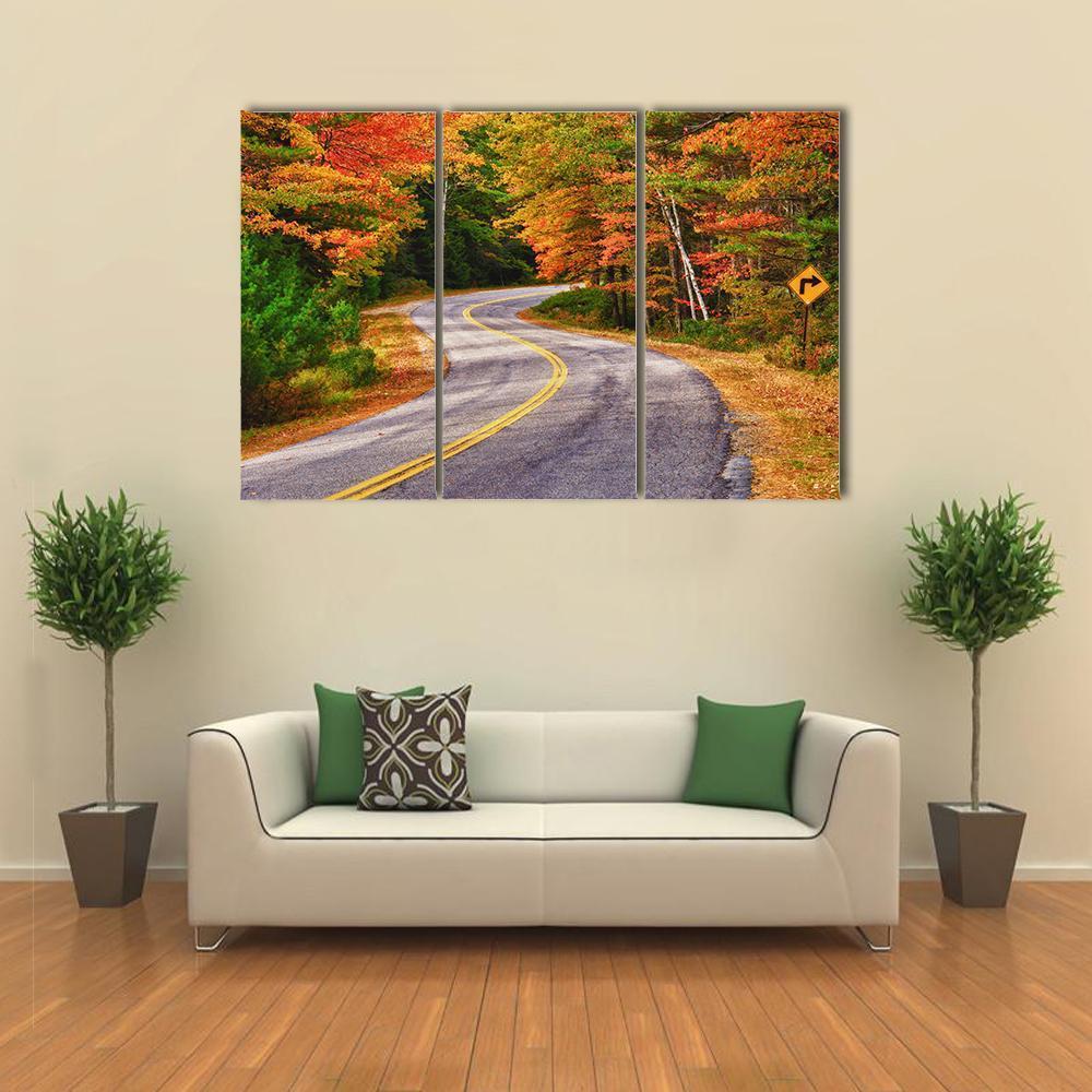 Winding Road Curves Through Autumn Trees Canvas Wall Art-3 Horizontal-Gallery Wrap-37" x 24"-Tiaracle