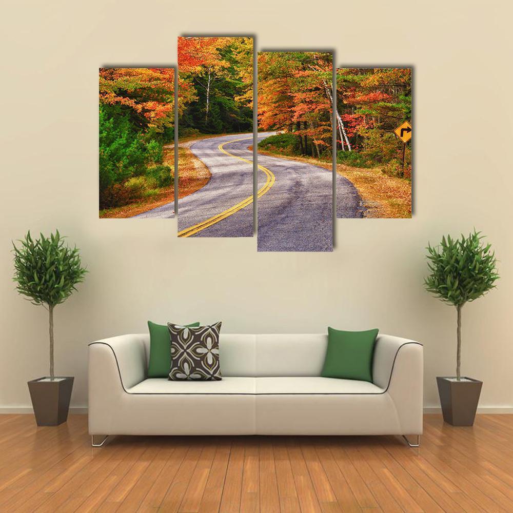 Winding Road Curves Through Autumn Trees Canvas Wall Art-4 Pop-Gallery Wrap-50" x 32"-Tiaracle